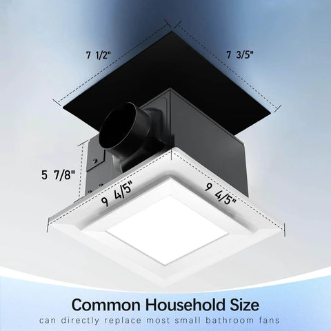 Bathroom Exhaust Fan With Light 110 CFM Ultra Quiet 0.8 Sone Rust Proof Metal Frame Adjustable LED Light size diagram