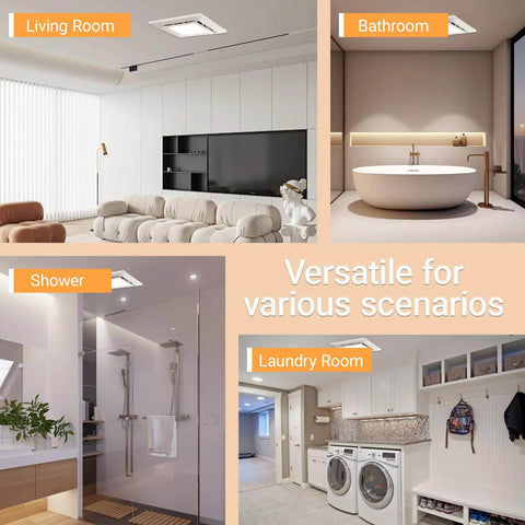 Super Quiet 120 CFM Bathroom Exhaust Fan With Light 6200K 12W LED Delivers Bright Daylight While Running At One Point Zero Sones Low Noise In A Square Ceiling Mount 4 Inch Duct Great For Shower Bathroom Laundry Room And Home Office By RLOZUI installed in various rooms including bathroom, shower, and laundry.