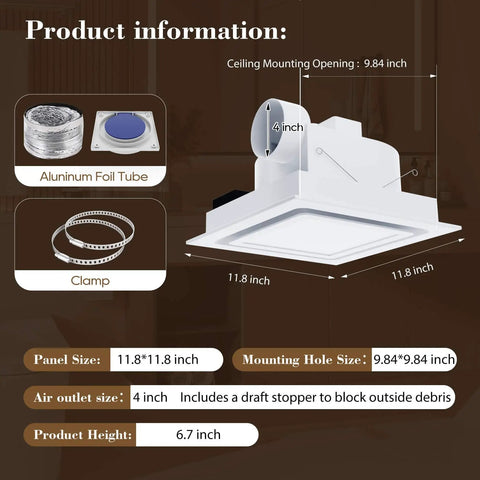 Diagram of Ultra Quiet 12 Inch Bathroom Exhaust Fan With 6500K LED Light, 120 CFM, 1.0 Sone, 10x10 Mount shown with dimensions