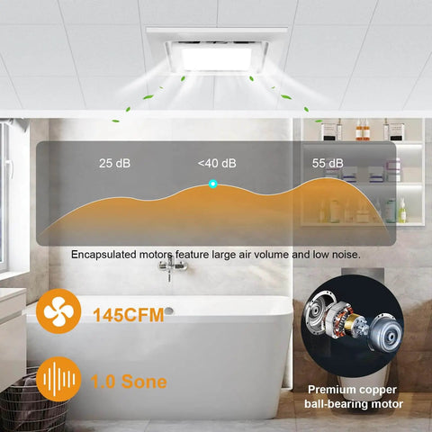 Whisper Quiet 10 Inch Bathroom Exhaust Fan With 6500K Fixed LED Light, 1.0 Sone, 145 CFM, ceiling installation shown
