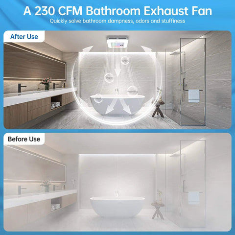 Before and after comparison of bathroom with Do It All Bathroom Exhaust Fan With Bluetooth Speaker And LED Light Nightlight Remote 230 CFM 1.0 Sone Three Color Temperatures Seven LED Colors Easy Install White installed