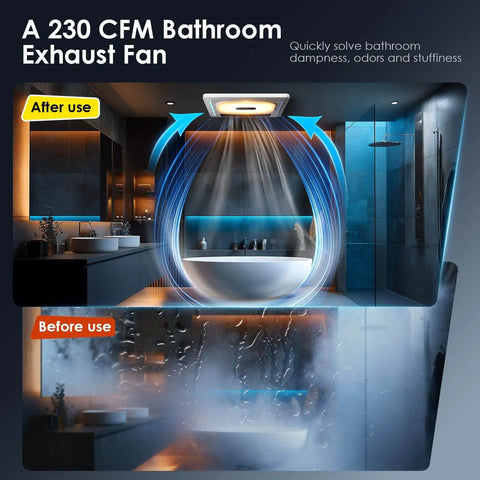 Installed Bathroom Exhaust Fan With Bluetooth Speaker And Heater By BSEED 1800W Dual Heat 230 CFM Vent 3 CCT Plus 5 Color RGB Lighting Negative Ion And Wall Control For Bathroom Or Any Room in a modern bathroom, demonstrating air flow and effect on dampness.