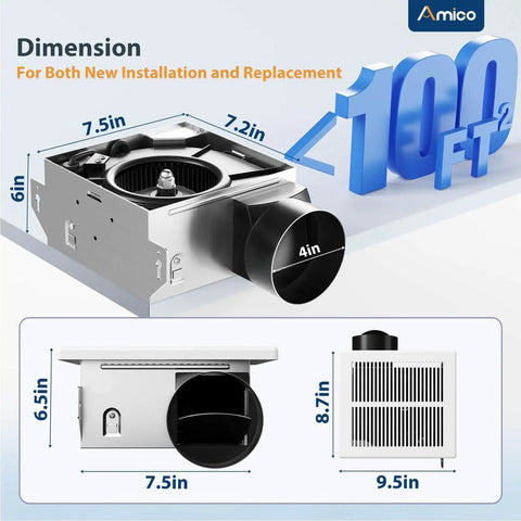 Ultra Quiet Bathroom Exhaust Fan 110 CFM Ceiling Mount Retrofit With Low Noise 1.5 Sones Easy Install 4 Inch Duct