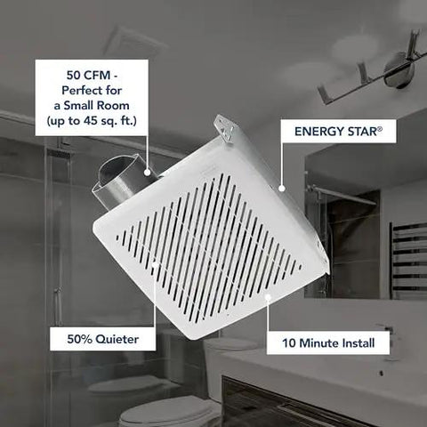 50 CFM Bathroom Exhaust Fan With Modern Grille, Energy Star Certified, Quiet 2.0 Sones, shown installed in small bathroom.