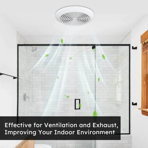 7 Inch Bathroom Exhaust Fan 50 CFM Quiet 1.0 Sones For 8 Inch Rough In Opening installed on white bathroom ceiling