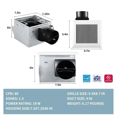Ultra Quiet Bathroom Exhaust Fan 80 CFM 1.5 Sone No Attic Access Needed Energy Star Certified Ceiling Mounted detailed view