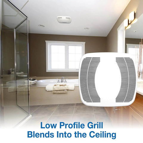 90 CFM Ceiling Mounted Bathroom Exhaust Fan With Snap In Installation Quiet 2.5 Sones White 10x10 Polymeric Grill Air King BFQ90