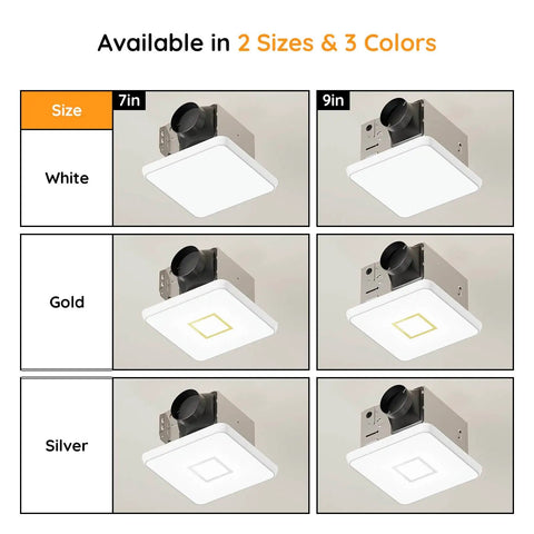 Two sizes of powerful quiet bathroom exhaust fan with light delivering 130 CFM and one and a half sones LED night light in 9 inch and 7 inch models, available in white, gold, and silver finishes.