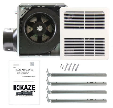 Ultra Quiet 120 CFM Bathroom Exhaust Fan With Energy Star Certification 0.3 Sones For Quiet Performance In Bathrooms Up To 120 Sq Ft Ceiling Opening Size 11 3 8 By 10 1 2 Inches KAZE Appliance SEP120 components, grille, and installation kit