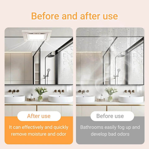 Image showing before and after effect of Super Quiet 120 CFM Bathroom Exhaust Fan With Light 6200K 12W LED installed in a shower bathroom.