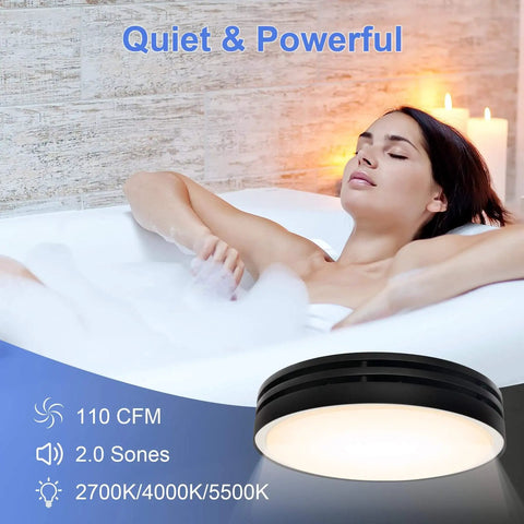 Relaxed woman in bathtub under Powerful 110 CFM Bathroom Exhaust Fan With Light From Akicon showcasing its ultra-quiet 2.0 sones operation