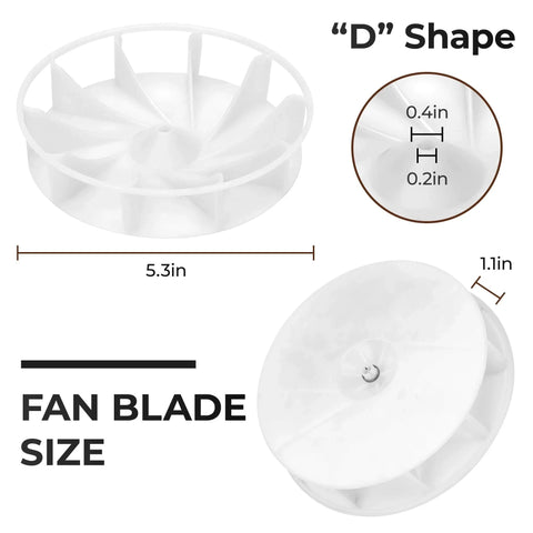 Fan blade dimensions with "D" shape, 5.3-inch diameter, 1.1-inch height, part of the 70CFM Bathroom Exhaust Fan Motor Replace 99080166 BP28 YJF6178.