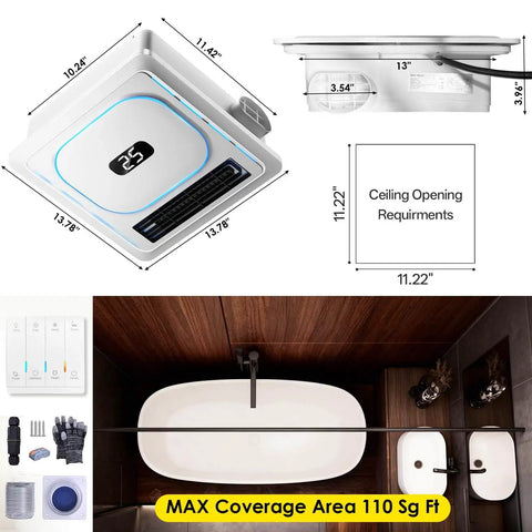 Bathroom Exhaust Fan With Bluetooth Speaker And Heater By BSEED 1800W Dual Heat 230 CFM Vent, dimensions and components