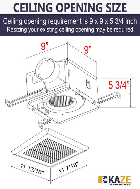 Diagram of Easy Install 100 CFM Bathroom Exhaust Fan With Ultra Quiet 0.8 Sone Operation Energy Star Certified No Attic Access Required SNP100 By Kaze Appliance showing dimensions.