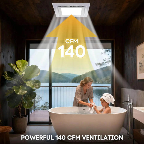 Bathroom Exhaust Fan With Light, 12 Inch Ultra Quiet 1.0 Sones, 140 CFM, 1200 Lumen, 5 CCT, installed in stylish bathroom