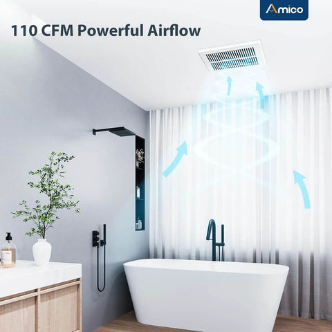 Ultra Quiet Bathroom Exhaust Fan 110 CFM Ceiling Mount Retrofit With Low Noise 1.5 Sones Easy Install 4 Inch Duct shown installed