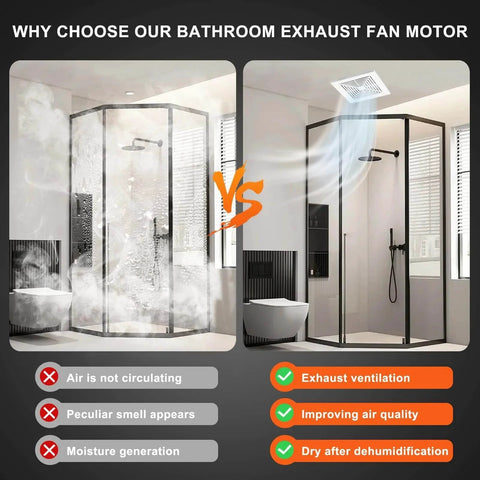 Comparison of bathroom with and without 688 663 Fan, S97012029 Motor Assembly for Broan Bathroom Exhaust Fan 663-C/688-C