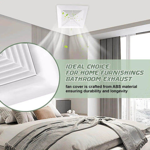 Universal 11x11 Inch Bathroom Exhaust Fan Cover With Spring Load Heavy Duty Plastic Grille installed on ceiling.