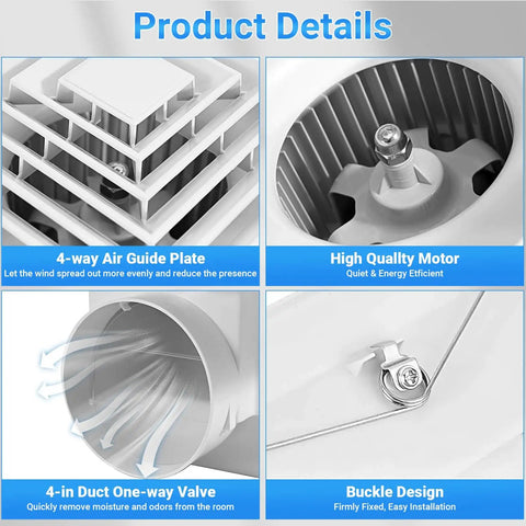 Close-up of quiet bathroom exhaust fan parts including air guide plate, motor, 4-inch duct valve, and buckle design for moisture removal.