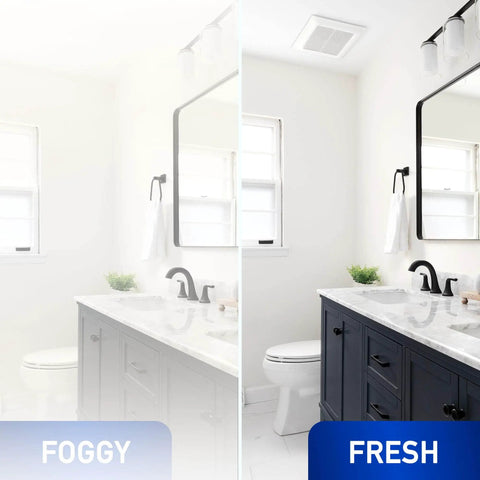 Before and after installation of Whisper Quiet 290 CFM Ceiling Bathroom Exhaust Fan For Ultra Silent Ventilation Energy Star Certified Durable Double Tapered Wheel In Ceiling Mount Panasonic FV 30VQ3 With Installation Kit FV NLF06G showing foggy and clear air in a bathroom.