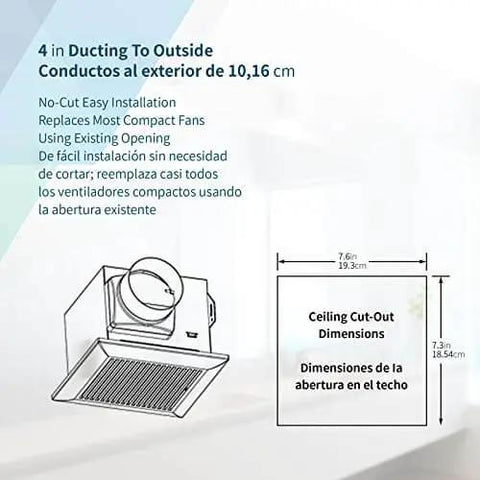 Diagram of Ultra Quiet Bathroom Exhaust Fan 80 CFM 1.5 Sone No Attic Access Needed Energy Star Certified Ceiling Mounted dimensions.