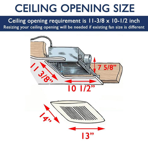 Diagram showing ceiling opening size for Ultra Quiet 120 CFM Bathroom Exhaust Fan With Energy Star Certification 0.3 Sones.