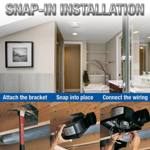 90 CFM Ceiling Mounted Bathroom Exhaust Fan With Snap In Installation Quiet 2.5 Sones White 10x10 Polymeric Grill installation steps