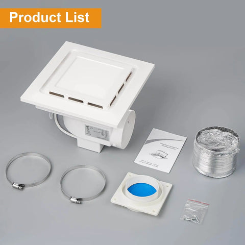Whisper Quiet 10 Inch Bathroom Exhaust Fan With 6500K Fixed LED Light, 1.0 Sone, 145 CFM, accessories, and installation kit