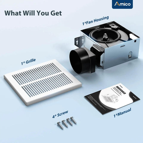 Ultra Quiet Bathroom Exhaust Fan 110 CFM Ceiling Mount Retrofit With Low Noise 1.5 Sones Easy Install 4 Inch Duct UL Certified No Attic Access Needed 9x9 Inch Housing Ideal For Retrofit In Apartments Or Homes components with grille, fan housing, screws, and manual displayed.