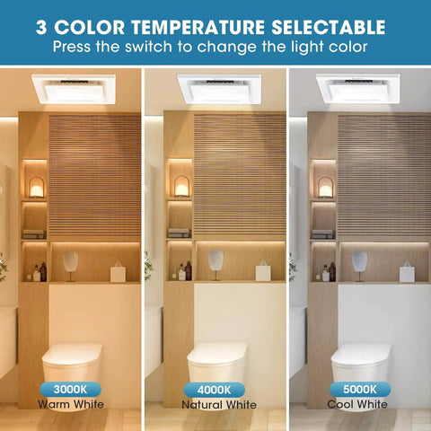 100 CFM Bathroom Exhaust Fan With 3CCT LED Light, Ultra Quiet 1.0 Sone, Easy Retrofit, warm to cool light settings shown