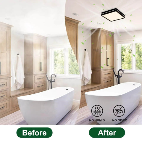 Bathroom Exhaust Fan With Light 80 CFM 2.0 Sones Quiet Ceiling Vent, showing before and after installation in a bathroom.