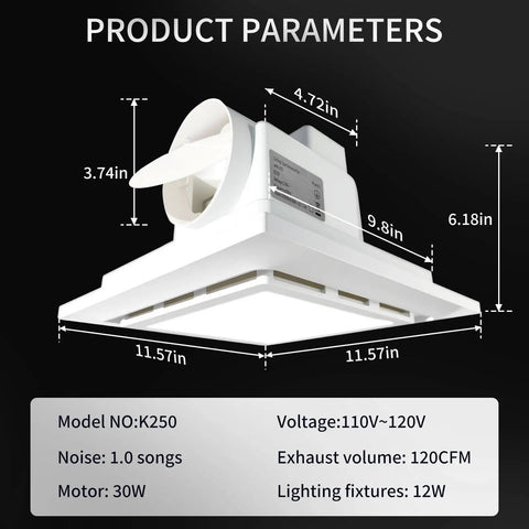 Bathroom Exhaust Fan With Light And LED Panel, 11.8 Inch Square, 120 CFM, Low Noise 1.0 Sones, 12W LED Lighting, Quiet 4 Inch Duct