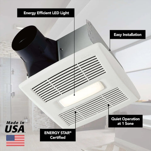 Energy Star Bathroom Exhaust Fan With LED Light And Roomside Installation, 110 CFM, Quiet 1.0 Sones, White AE110L in bathroom