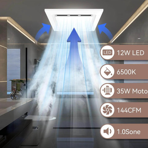 High-Performance Bathroom Exhaust Fan With Light From Welnek, 130 CFM Quiet 1.0 Sone, 6500K LED, 1200 Lumen, 9.8 by 9.8 Inch Housing in a bathroom.