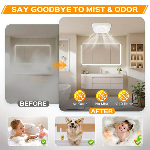 Bathroom with Bathroom Exhaust Fan With Light 160 CFM Quiet Vent 36W LED Light installed, showing before and after effect.