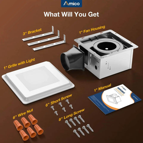 Components of 80 CFM Ceiling Mount Bathroom Exhaust Fan With Light Quiet 0.9 Sones 1000 Lumen LED 5 CCT Color Temperature Easy Install Amico Shower Vent