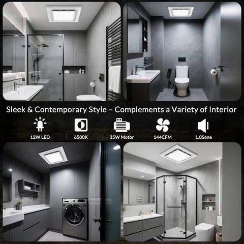 Ultra Quiet Bathroom Exhaust Fan With Light 144 CFM 1 Sone DC Motor 35W 6500K 1200LM LED installed in modern bathroom and laundry