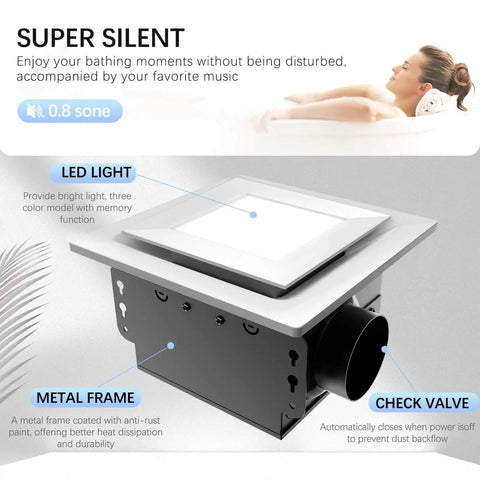 Front view of Bathroom Exhaust Fan With Light 110 CFM Ultra Quiet 0.8 Sone Rust Proof Metal Frame Adjustable LED Light 3000K 4000K 5000K With Memory Function Energy Saving Design For Quick Moisture And Odor Elimination Easy Install with metal frame and check valve.