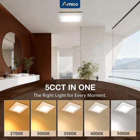 Quiet 110 CFM Bathroom Exhaust Fan With Light For Fresh Air, 1.0 Sones, 1000 LM LED, 5 CCT Color Temperature in a bathroom setting