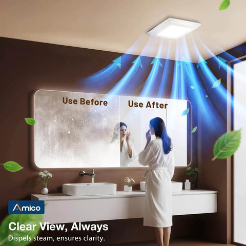 80 CFM Ceiling Mount Bathroom Exhaust Fan With Light Quiet 0.9 Sones 1000 Lumen LED 5 CCT Color Temperature Easy Install Amico Shower Vent With Adjustable Exhaust ETL and FCC Certified installed above a bathroom mirror, demonstrating steam removal efficiency.