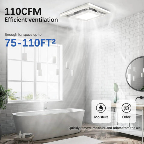 Bathroom Exhaust Fan With Light 110 CFM Ultra Quiet 0.8 Sone installed on bathroom ceiling