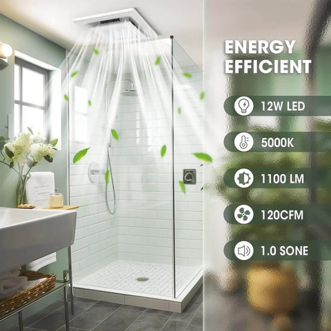 Image of 120 CFM bathroom exhaust fan with light, ultra quiet 1.0 sones, ceiling mounted in a modern bathroom for moisture removal.