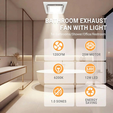 Super Quiet 120 CFM Bathroom Exhaust Fan With Light 6200K 12W LED Delivers Bright Daylight While Running At One Point Zero Sones Low Noise in a modern bathroom setting