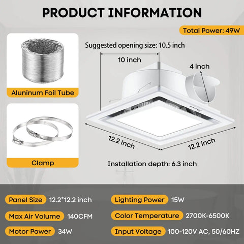 Bathroom Exhaust Fan With Light, 12 Inch Ultra Quiet 1.0 Sones, 140 CFM, 1200 Lumen, 5 CCT, Ceiling Mount, 10x10 Opening