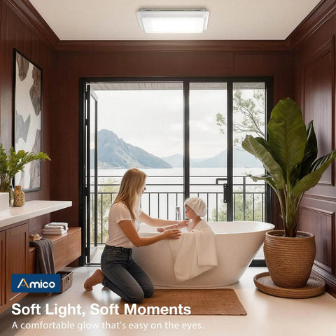 Bathroom with Quiet 110 CFM Bathroom Exhaust Fan With Light For Fresh Air, 1.0 Sones, 1000 LM LED, ceiling mounted. ETL FCC Certified.