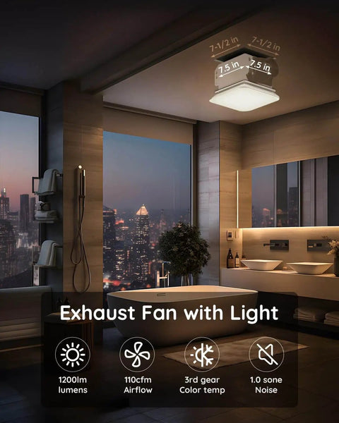 Silent 110 CFM Bathroom Exhaust Fan With Light LED 3000K 4000K 5000K 1 Sones 1200 Lumens Ceiling Mount Shower Vent For Bathrooms Up To 110 Sq Ft Easy Install Whisper Quiet Plus Fitop installed in modern bathroom ceiling.