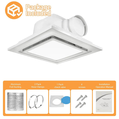 Super Quiet 120 CFM Bathroom Exhaust Fan With Light 6200K 12W LED Delivers Bright Daylight While Running At One Point Zero Sones Low Noise In A Square Ceiling Mount 4 Inch Duct Great For Shower Bathroom Laundry Room And Home Office By RLOZUI, shown with installation accessories included
