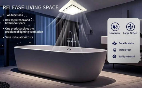 Bathroom Exhaust Fan With Light And LED Panel, 11.8 Inch Square, 120 CFM, Low Noise 1.0 Sones, 12W LED Lighting installed above modern bathtub