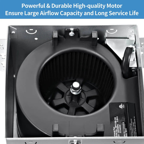 Quiet 110 CFM Bathroom Exhaust Fan motor showing metal housing for ceiling mount, high airflow, energy saving design.