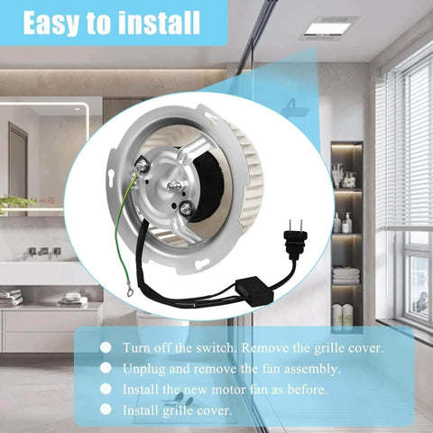 Close-up of 8832NA Blower Motor 84757 JA2B099N Bathroom Fan Motor with installation guide in bright bathroom.